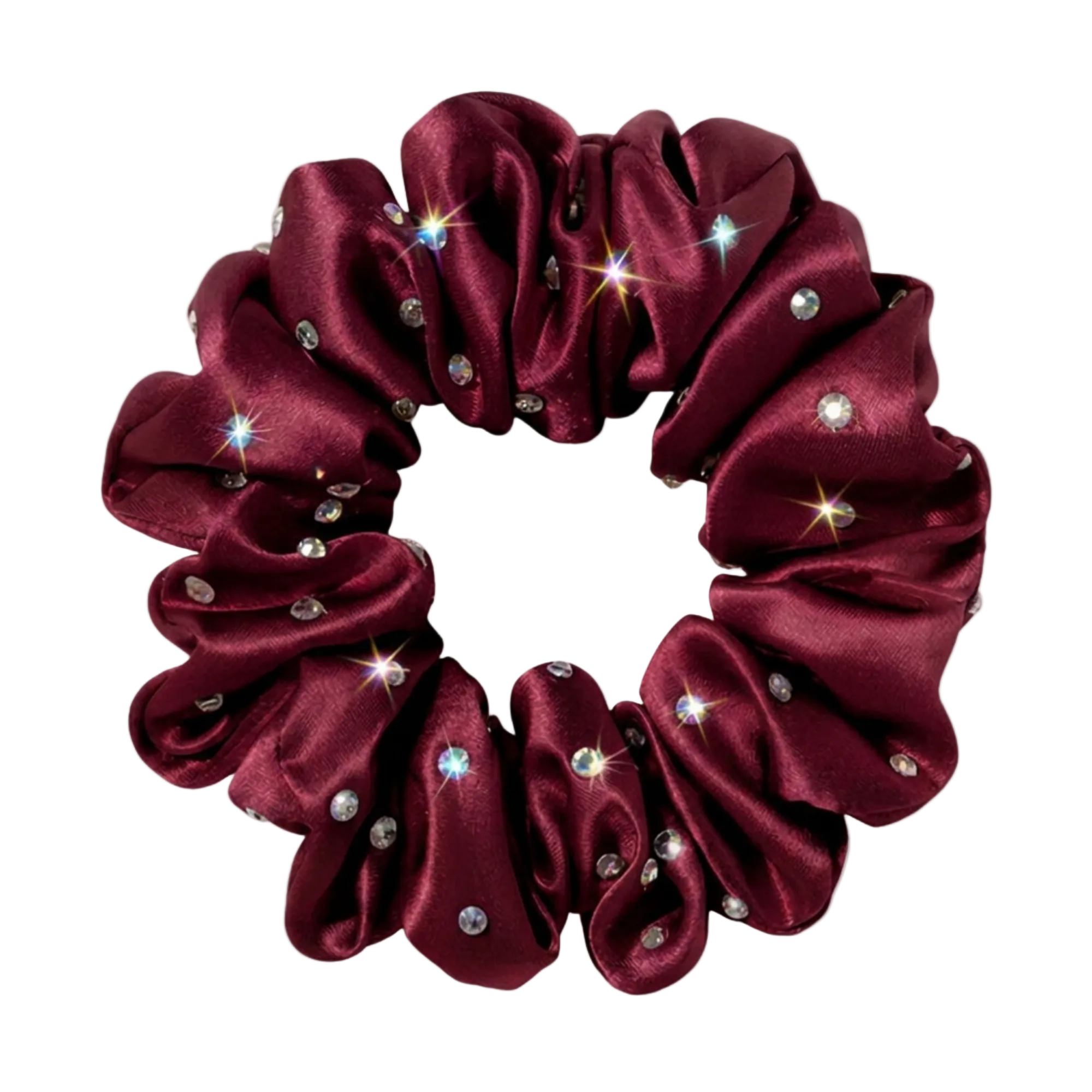 Burgundy silk scrunchie with embedded rhinestones on a white background