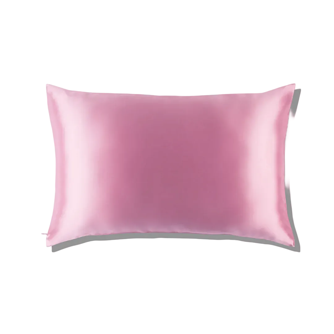 Mulberry Silk Queen pillowcase in a  candy pink color on a white background