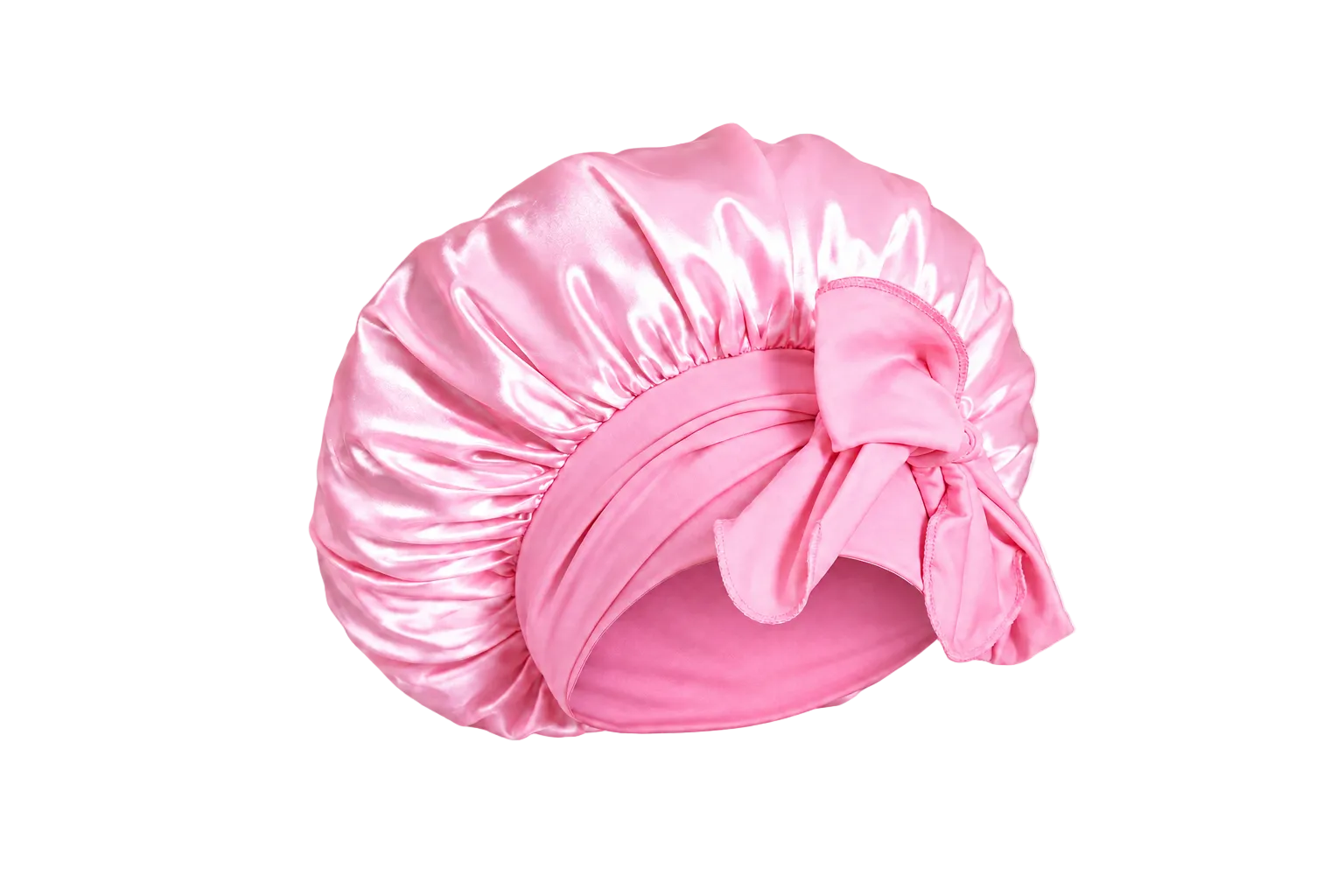 A candy pink mulberry silk bonnet with a large bow on a transparent background.