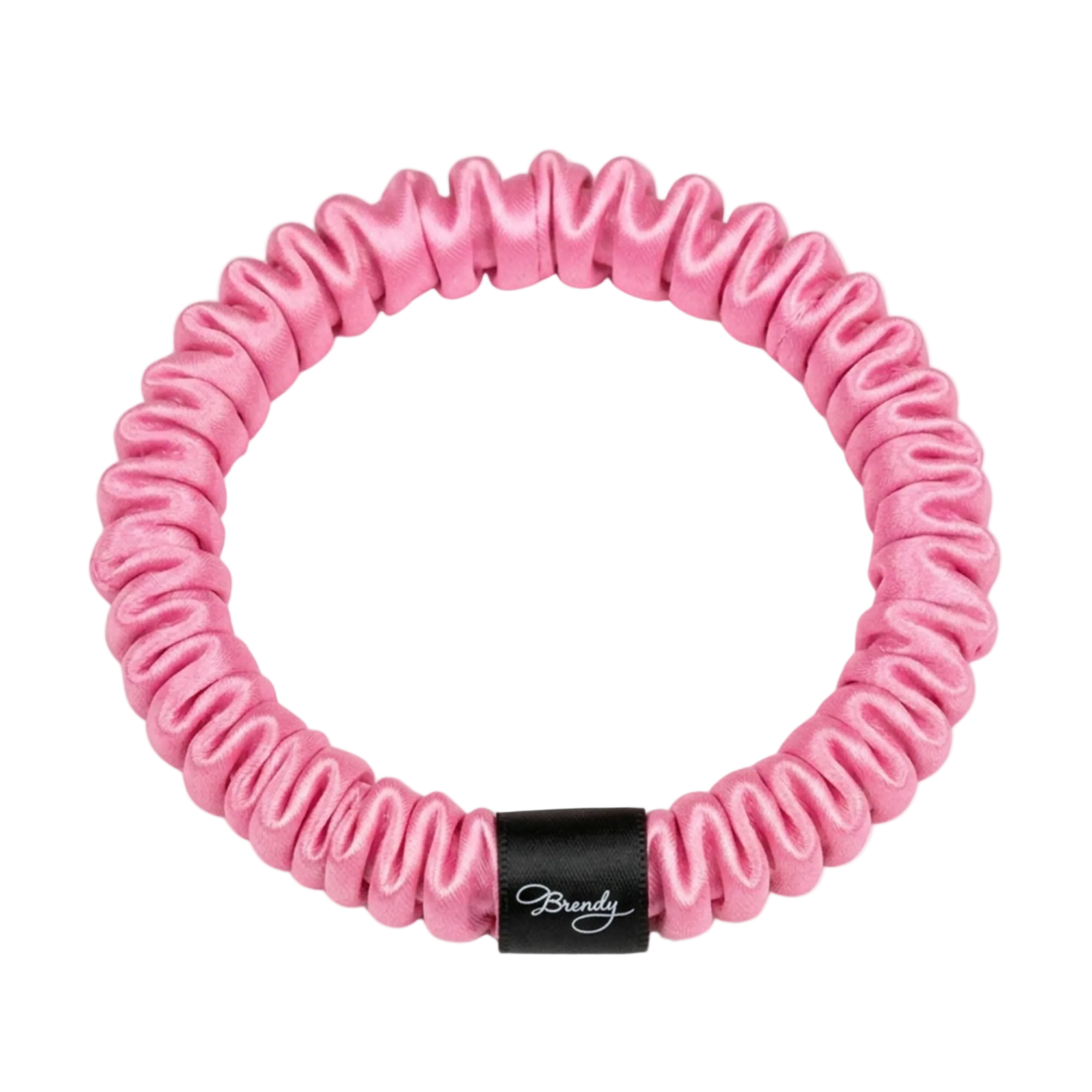Candy Pink skinny silk scrunchie with a black Brindy Label on a white background
