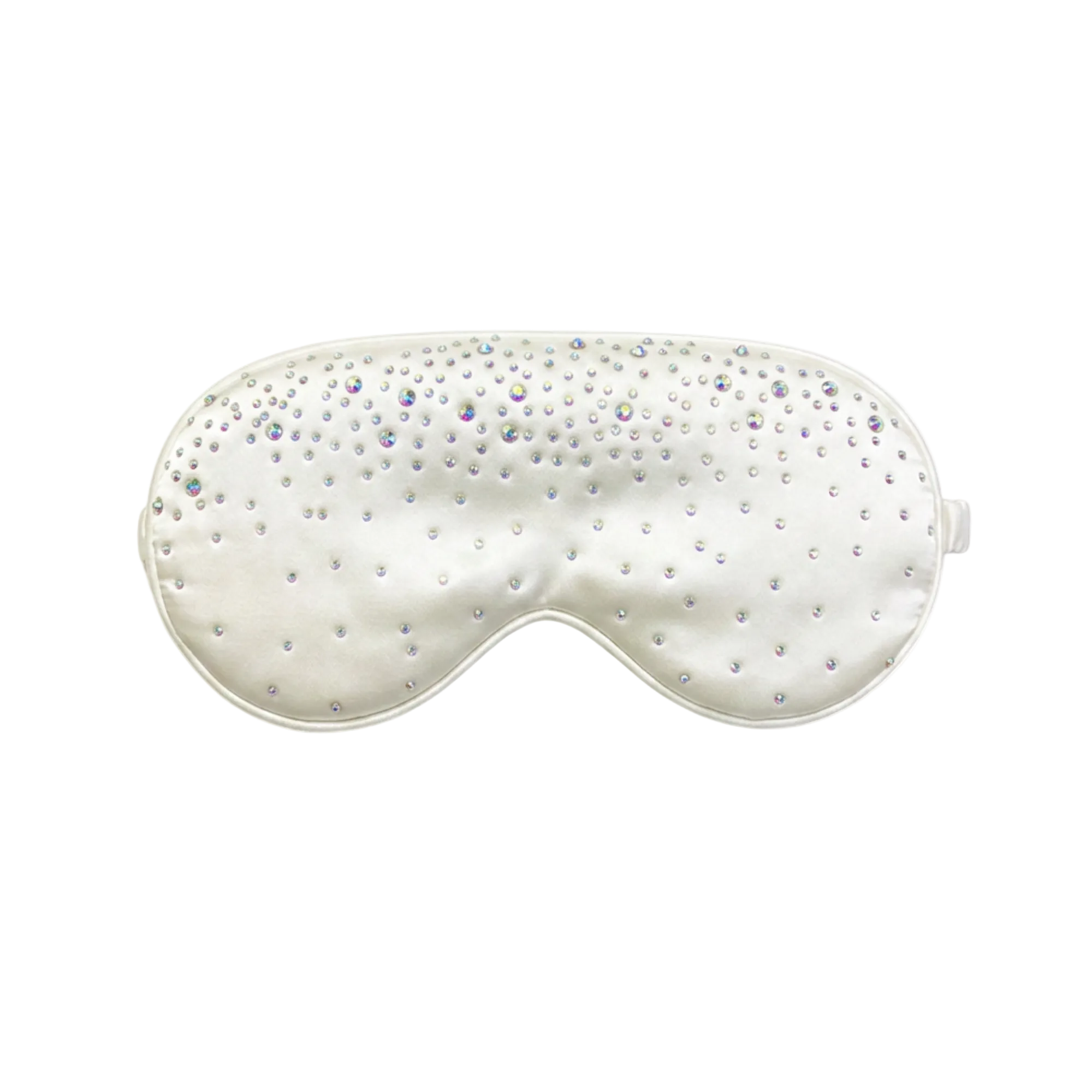 Champagne silk sleep/ eye mask with small rhinestone embellishments on a white background