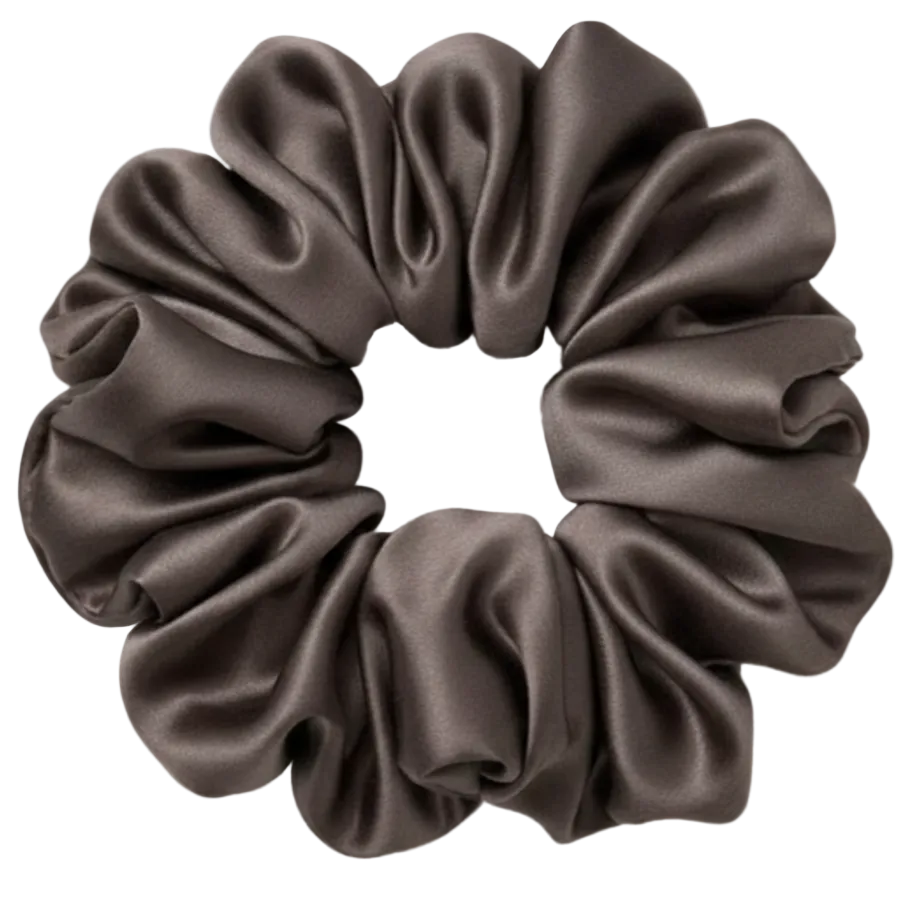 Charcoal Grey 100% mulberry silk 6.5cm XL Scrunchie on a white background