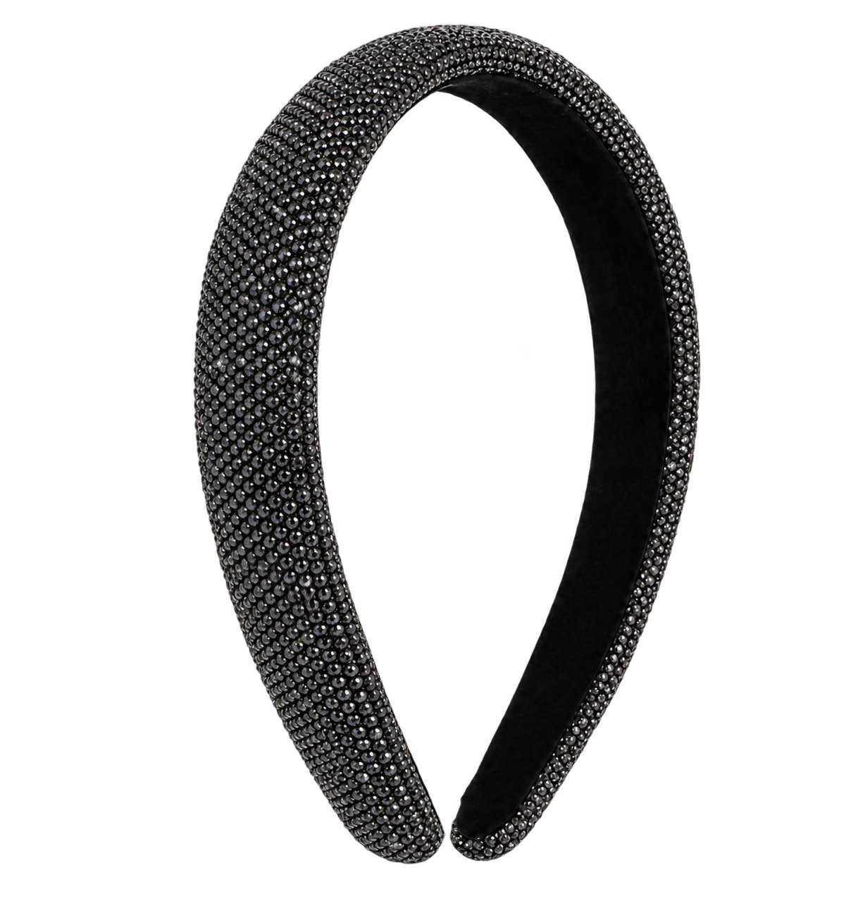 A wide headband covered in sparkling charcoal grey rhinestones, with a black velvet inner lining, shown on a white and gray checkered background.