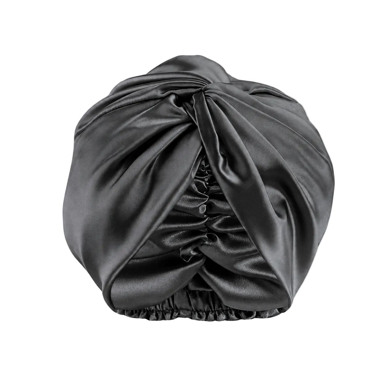 A charcoal grey turban-style hair wrap or head covering, neatly folded and knotted at the top with a gathered elasticized bottom, shown against a transparent background.