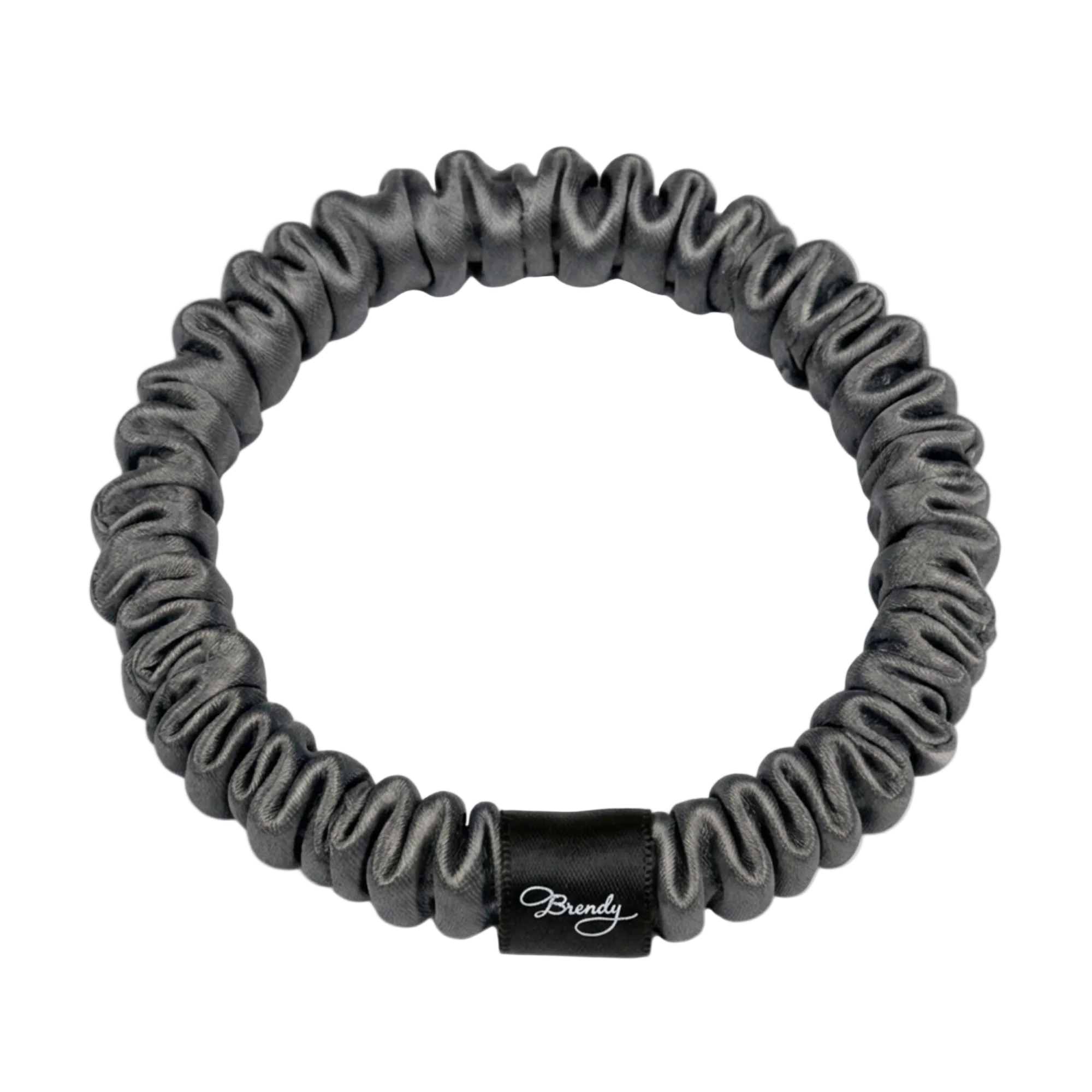 Charcoal Grey skinny silk scrunchie with a black Brindy Label on a white background