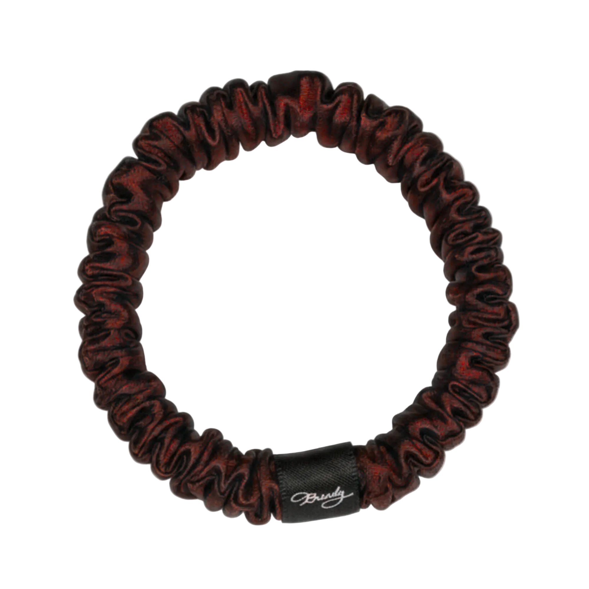 Chocolate Brown skinny silk scrunchie with a black Brindy Label on a white background