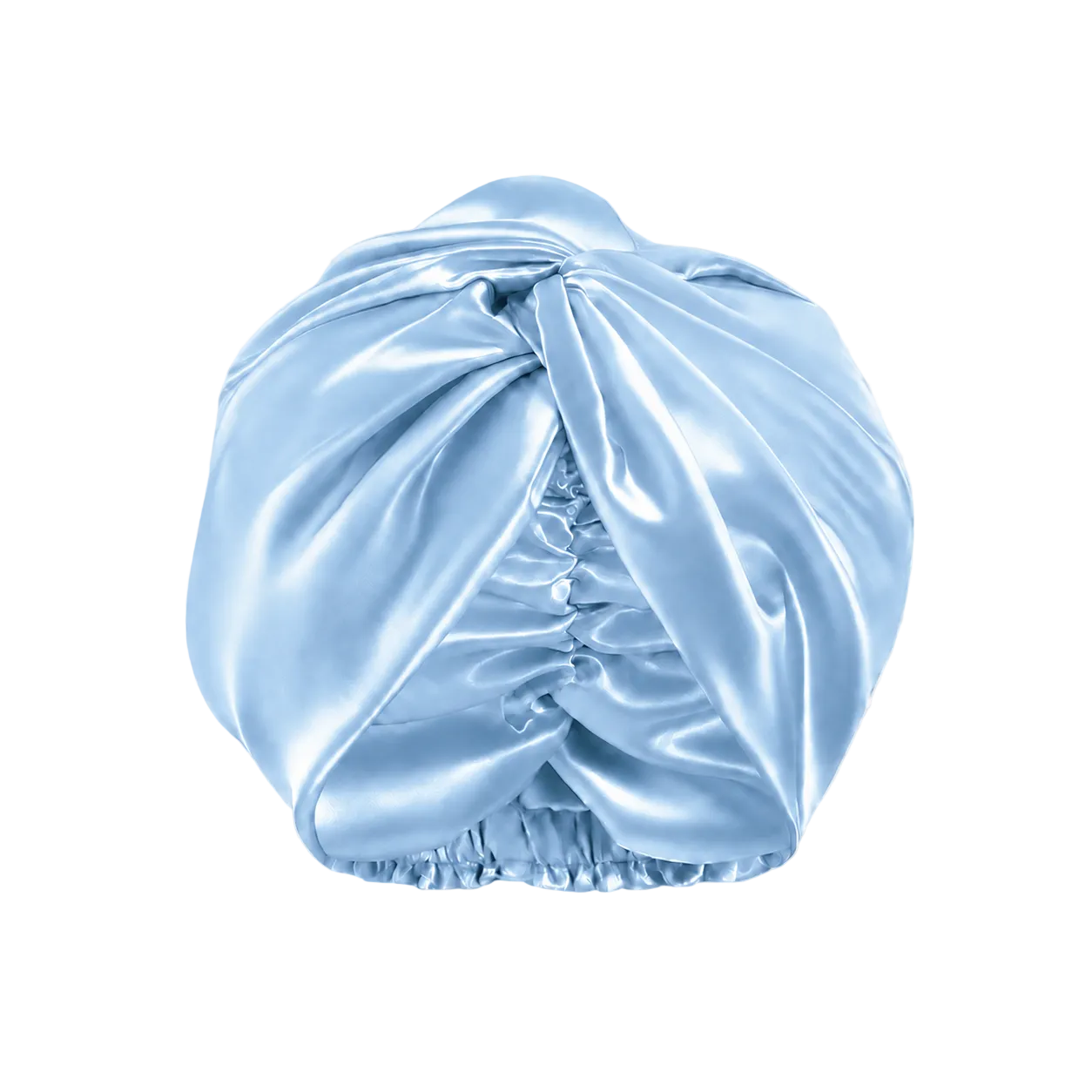 A mulberry silk turban-style hair cap in a cinderella blue color, shown against a white background with a faint checkerboard pattern