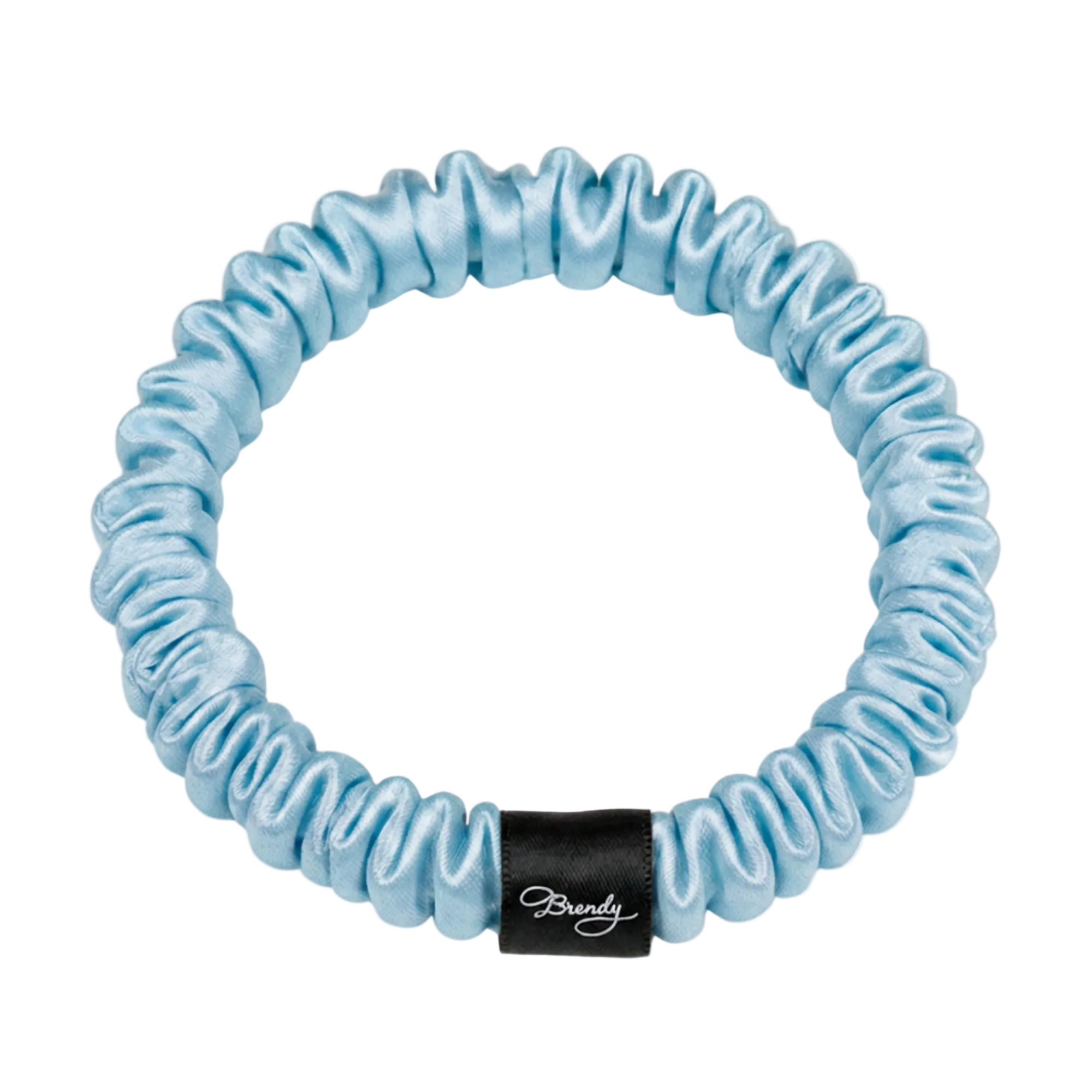Cinderella Blue skinny silk scrunchie with a black Brindy Label on a white background