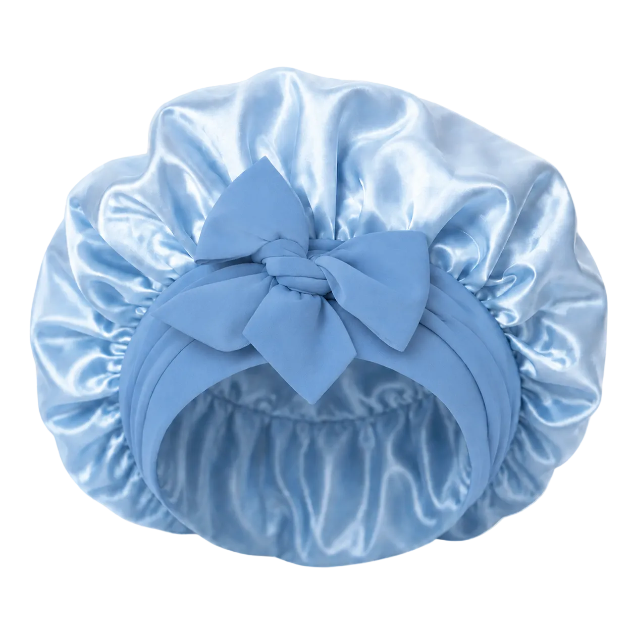 A light cinderella blue silk bonnet with a matching large bow on the front, shown against a transparent checkered background.