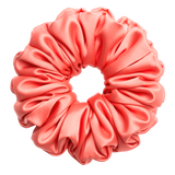 Coral 100% mulberry silk 6.5cm XL Scrunchie on a white background