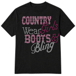 A black short-sleeve t-shirt with a rhinestone-style graphic text design reading 'COUNTRY Wear Girls BOOTS & Bling' in pink and white lettering, shown on a transparent background.