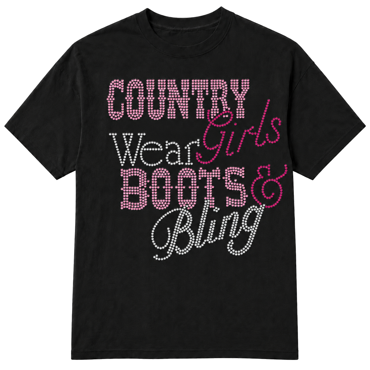 A black short-sleeve t-shirt with a rhinestone-style graphic text design reading 'COUNTRY Wear Girls BOOTS & Bling' in pink and white lettering, shown on a transparent background.