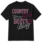 A black short-sleeve t-shirt with a rhinestone-style graphic text design reading 'COUNTRY Wear Girls BOOTS & Bling' in pink and white lettering, shown on a transparent background.