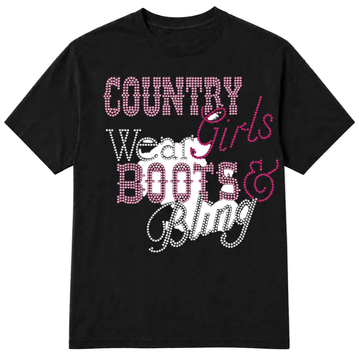 A black short-sleeve t-shirt with a rhinestone-style graphic text design reading 'COUNTRY Wear Girls BOOTS & Bling' in pink and white lettering, shown on a transparent checkered background.