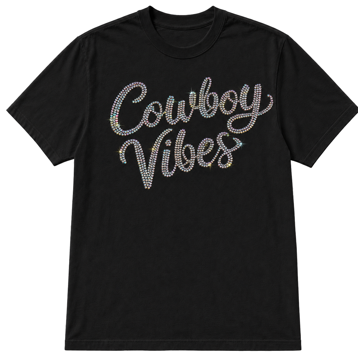 A black short-sleeve crewneck t-shirt featuring the words 'Cowboy Vibes' in a cursive script embellished with AB sparkling rhinestones that reflect multiple colors, shown on a transparent background.