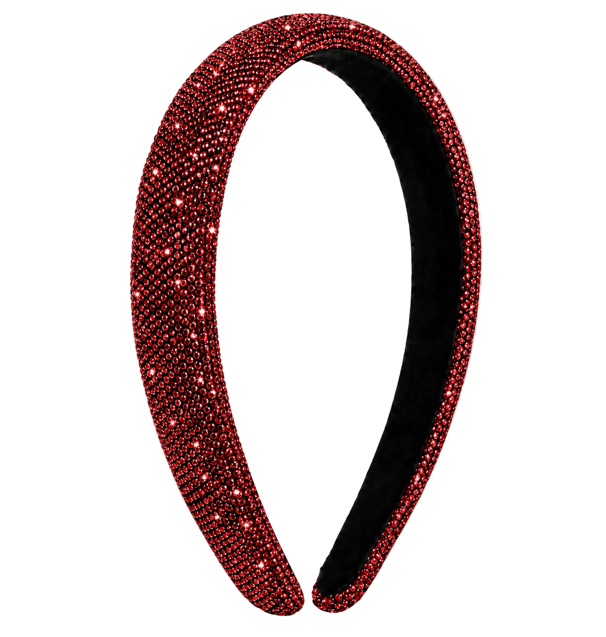 A wide, curved headband covered in sparkling deep red rhinestones, with a black fabric inner band, shown on a white and gray checkered background.