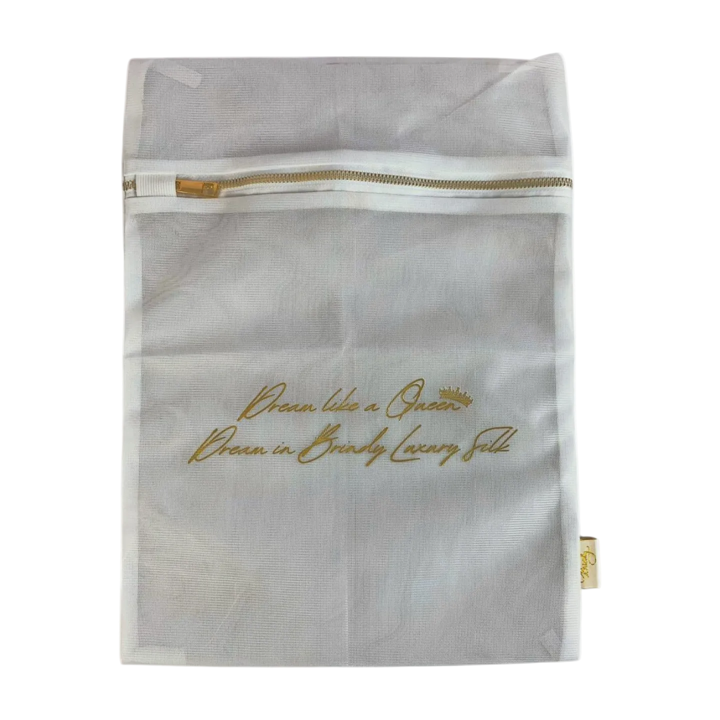 White mesh bag with gold zipper and text on a white background