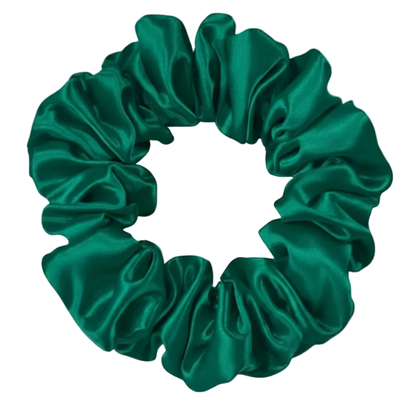 Emerald Green  100% mulberry silk 3.5cm Medium Scrunchie on a white background