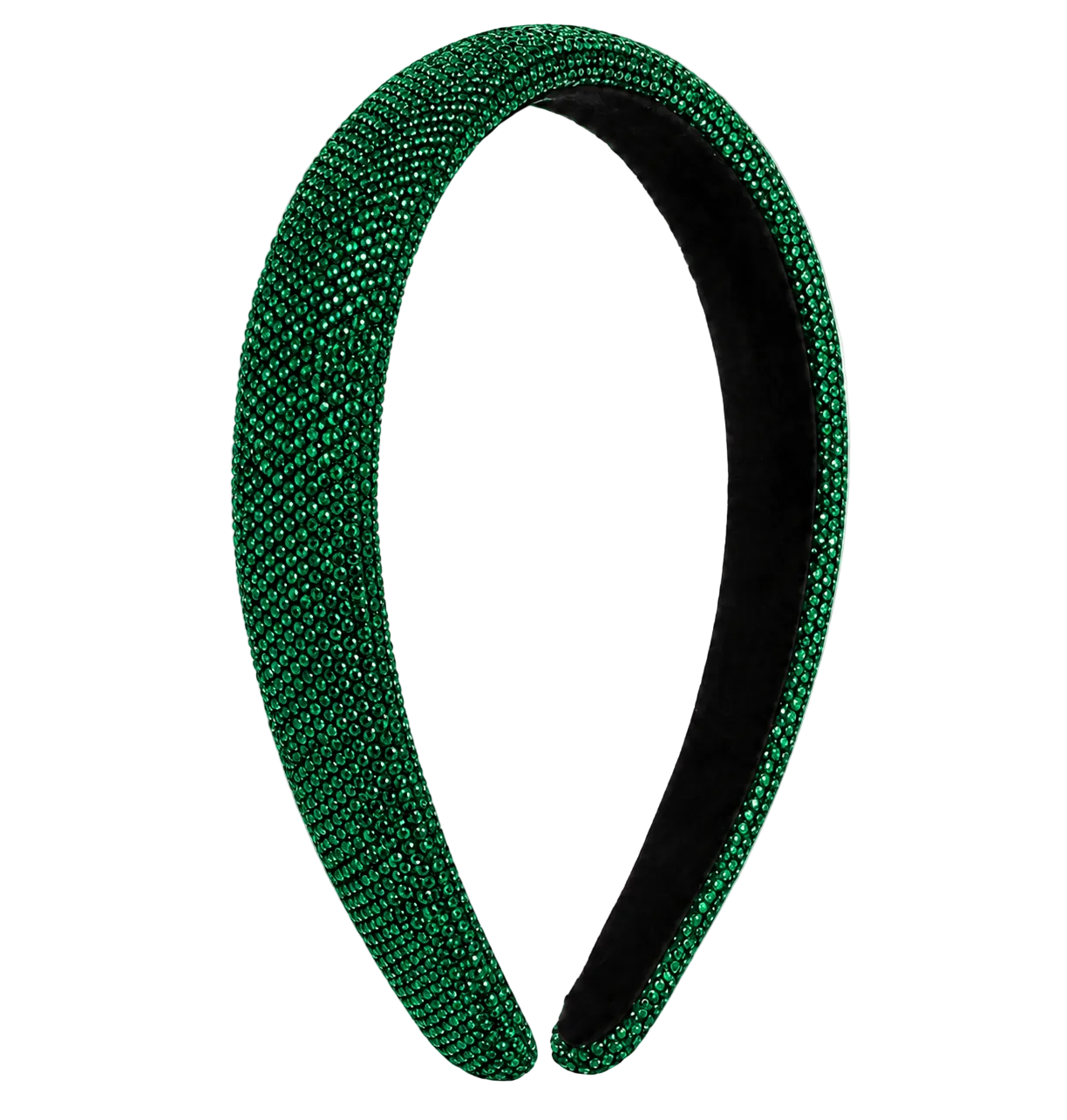 A wide headband covered in sparkling emerald green rhinestones, with a black velvet inner lining, shown on a white and gray checkered background.