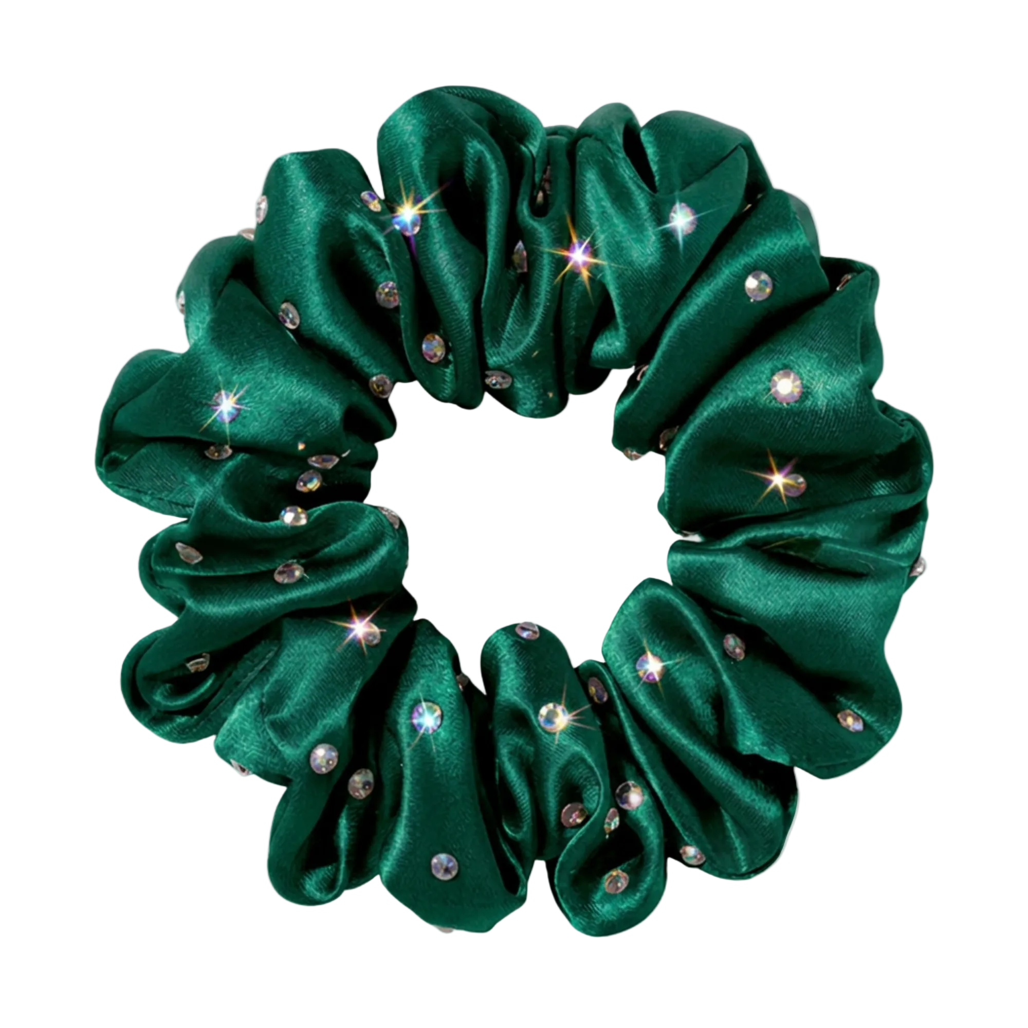 Emerald Green silk scrunchie with embedded rhinestones on a white background