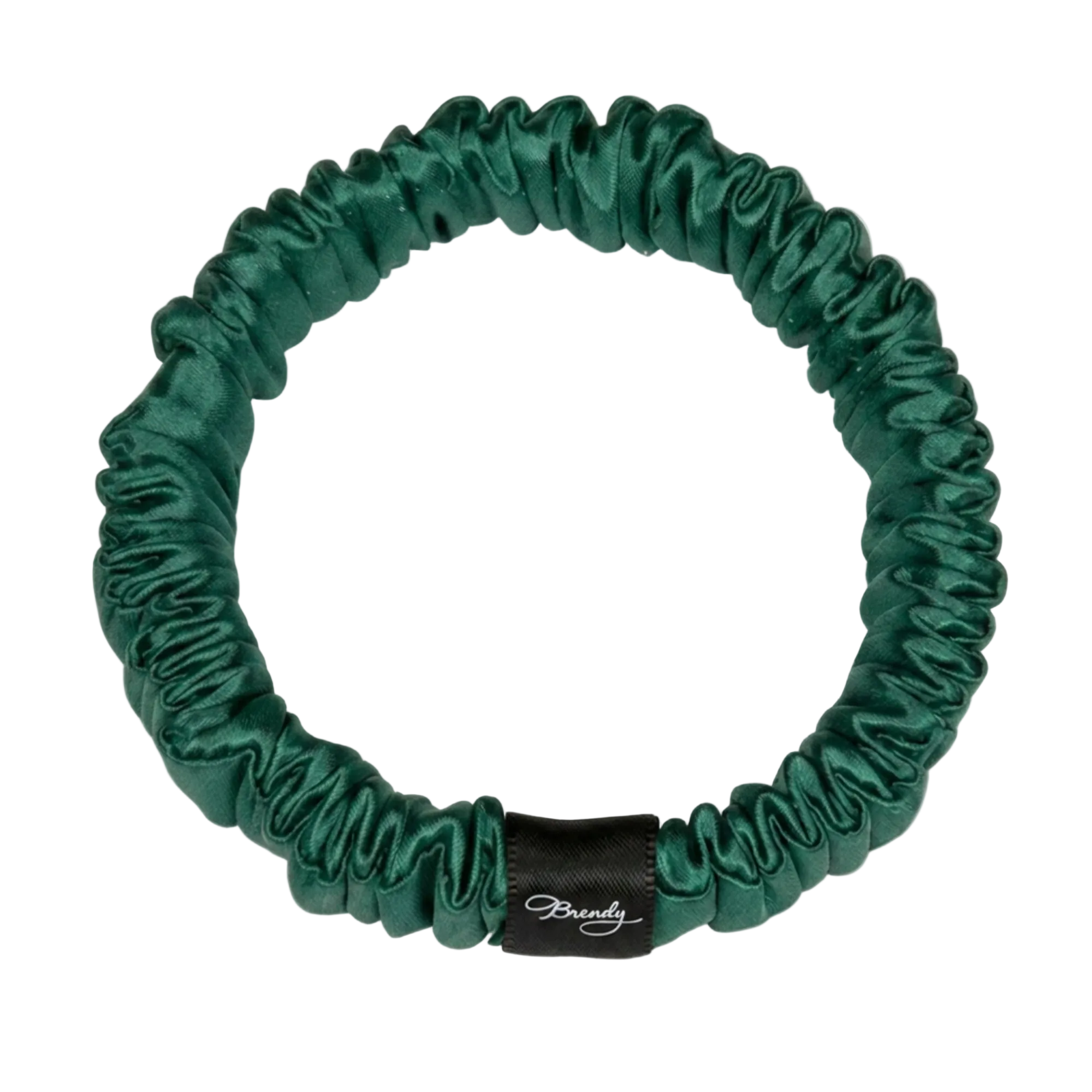 Emerald Green skinny silk scrunchie with a black Brindy Label on a white background