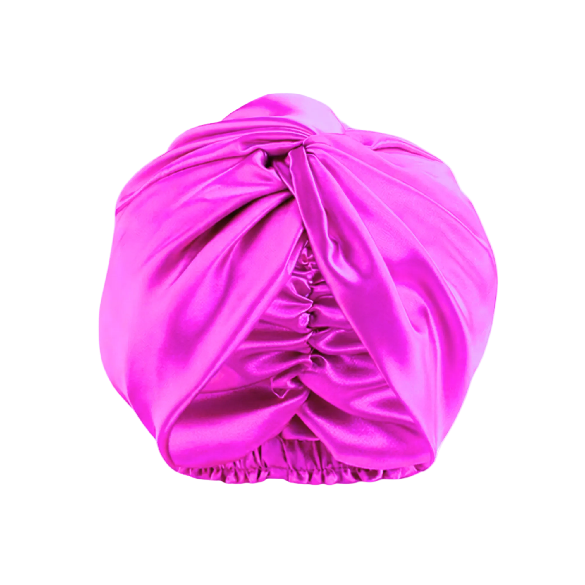 Fuchsia Pink silk turban style bonnet on a white background
