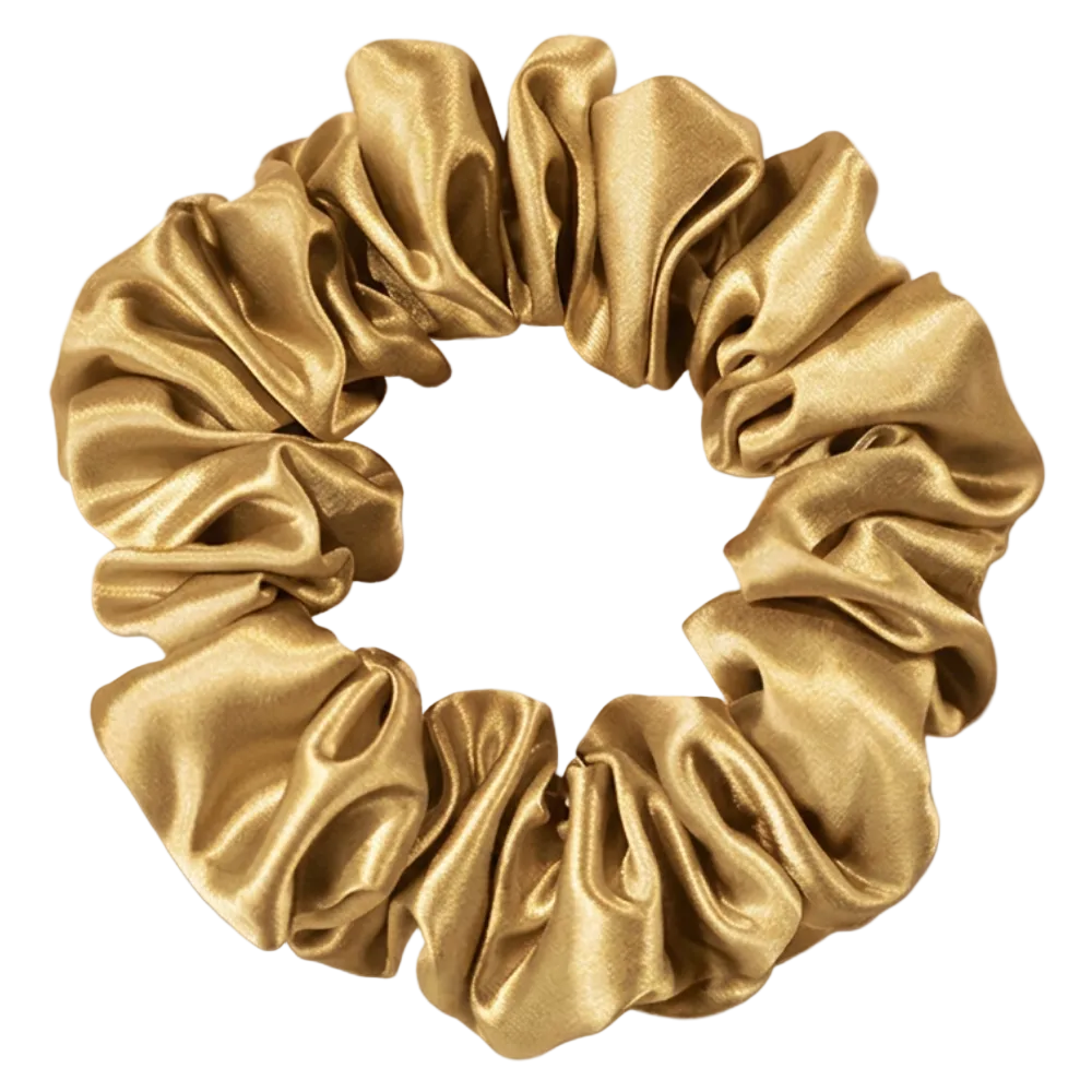 Gold 100% mulberry silk 3.5cm Medium Scrunchie on a white background