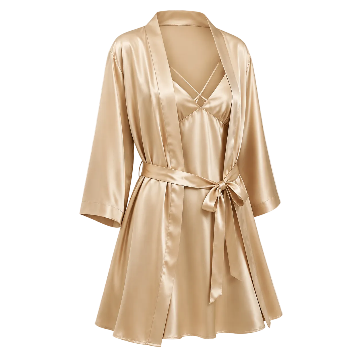 A  gold mulberry silk robe with a matching satin slip dress underneath, styled on a transparent background with a checkerboard pattern.