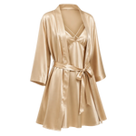 A  gold mulberry silk robe with a matching satin slip dress underneath, styled on a transparent background with a checkerboard pattern.