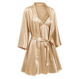 A  gold mulberry silk robe with a matching satin slip dress underneath, styled on a transparent background with a checkerboard pattern.