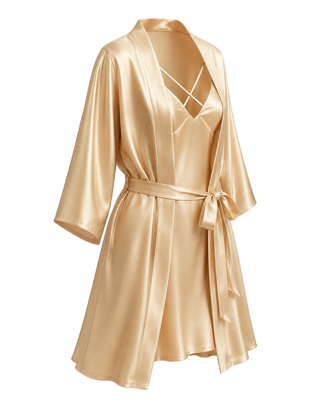 A gold mulberry silk robe with three-quarter sleeves, a tie waist belt, and a crisscross lace-up neckline, shown on a transparent checkered background.