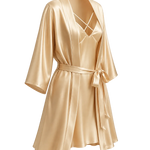 A gold mulberry silk robe with three-quarter sleeves, a tie waist belt, and a crisscross lace-up neckline, shown on a transparent checkered background.