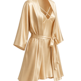 A gold mulberry silk robe with three-quarter sleeves, a tie waist belt, and a crisscross lace-up neckline, shown on a transparent checkered background.