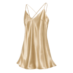A gold mulberry silk slip dress with thin double spaghetti straps and a V-neckline, shown against a transparent checkerboard background.