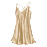 A gold mulberry silk slip dress with thin double spaghetti straps and a V-neckline, shown against a transparent checkerboard background.