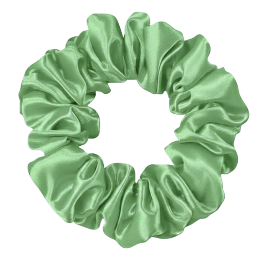 Green  100% mulberry silk 3.5cm Medium Scrunchie on a white background