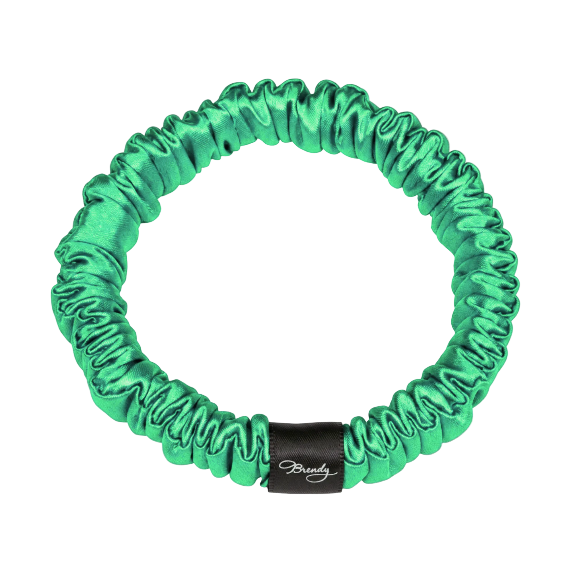 Green skinny silk scrunchie with a black Brindy Label on a white background