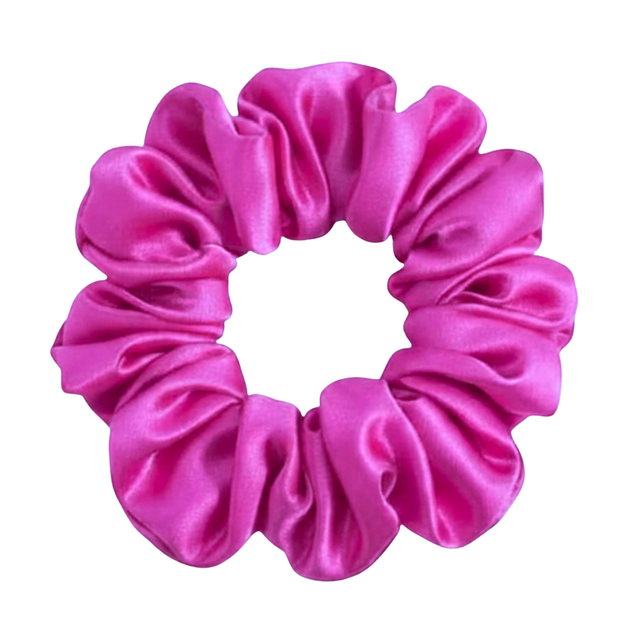 Hot Pink  100% mulberry silk 3.5cm Medium Scrunchie on a white background