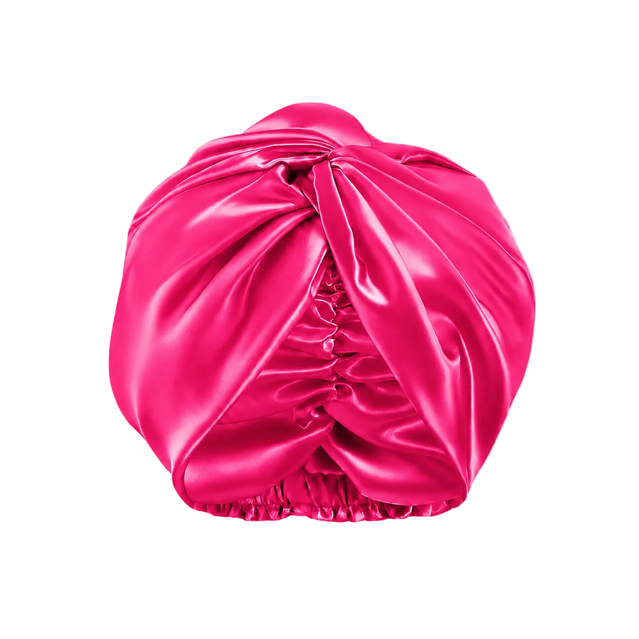A bright hot pink mulberry silk headwrap styled in a knotted top knot and gathered at the bottom, shown on a transparent checkerboard background.