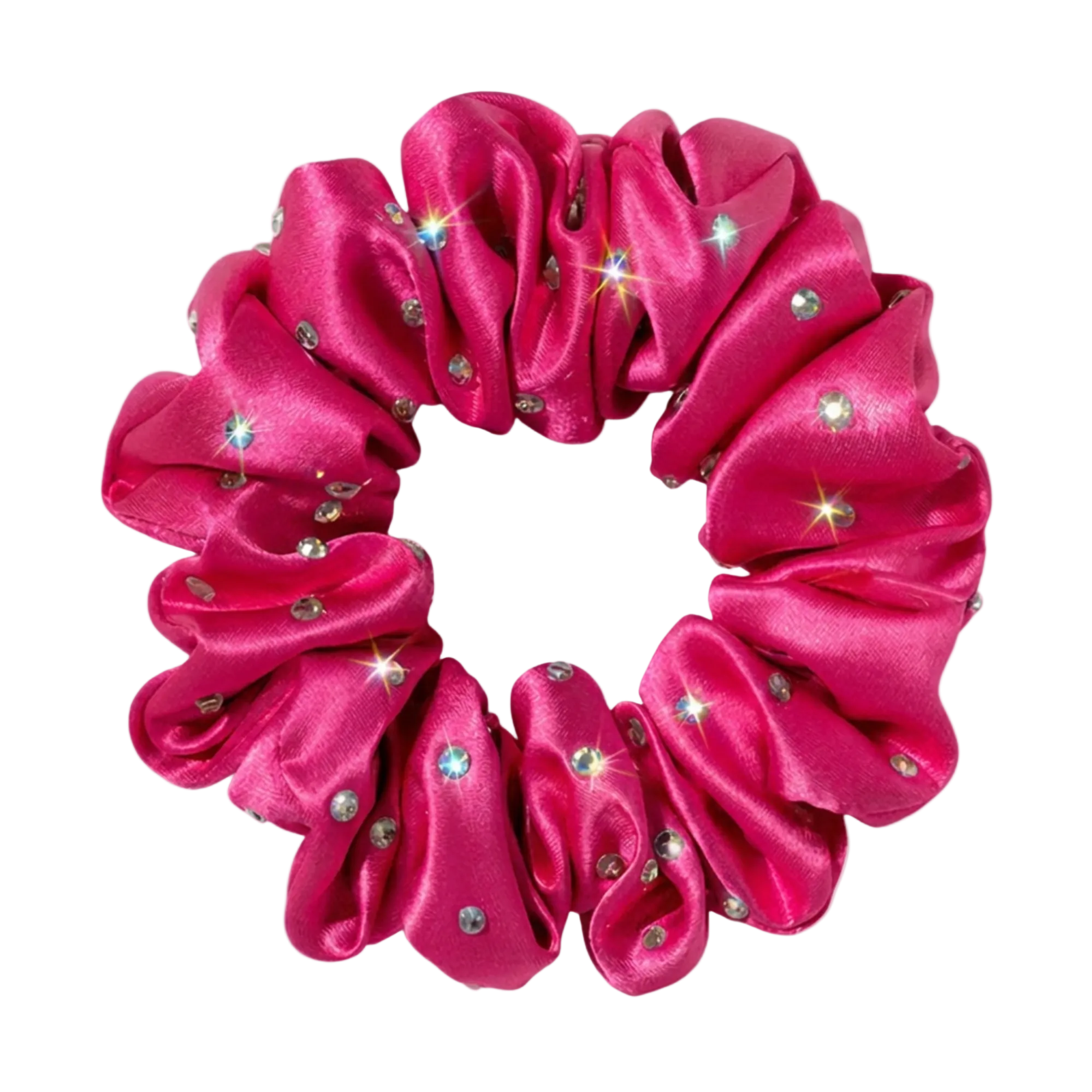 Hot Pink silk scrunchie with embedded rhinestones on a white background