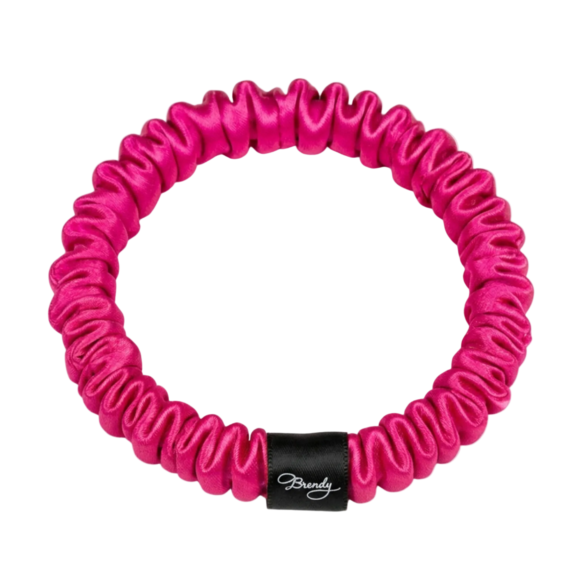 Hot Pink skinny silk scrunchie with a black Brindy Label on a white background