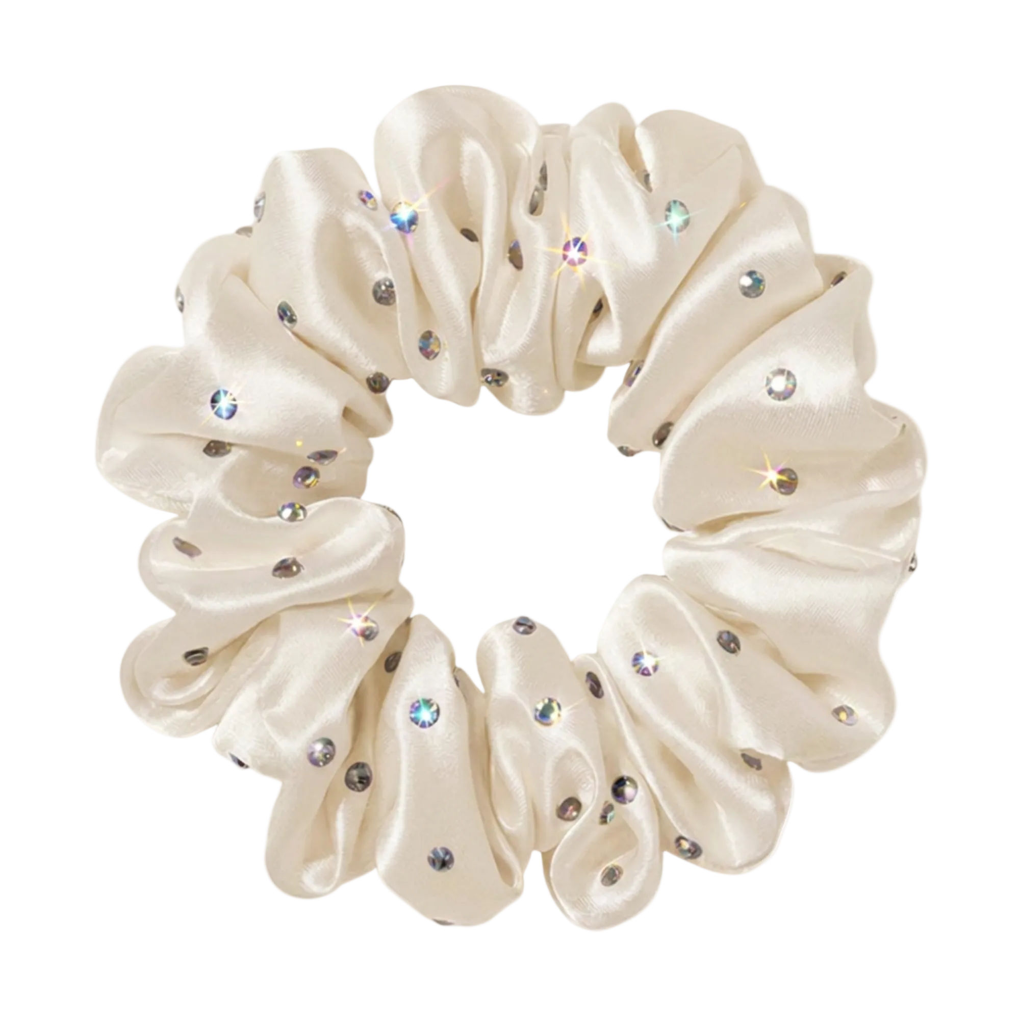 white ivory colored silk scrunchie with embedded rhinestones on a white background
