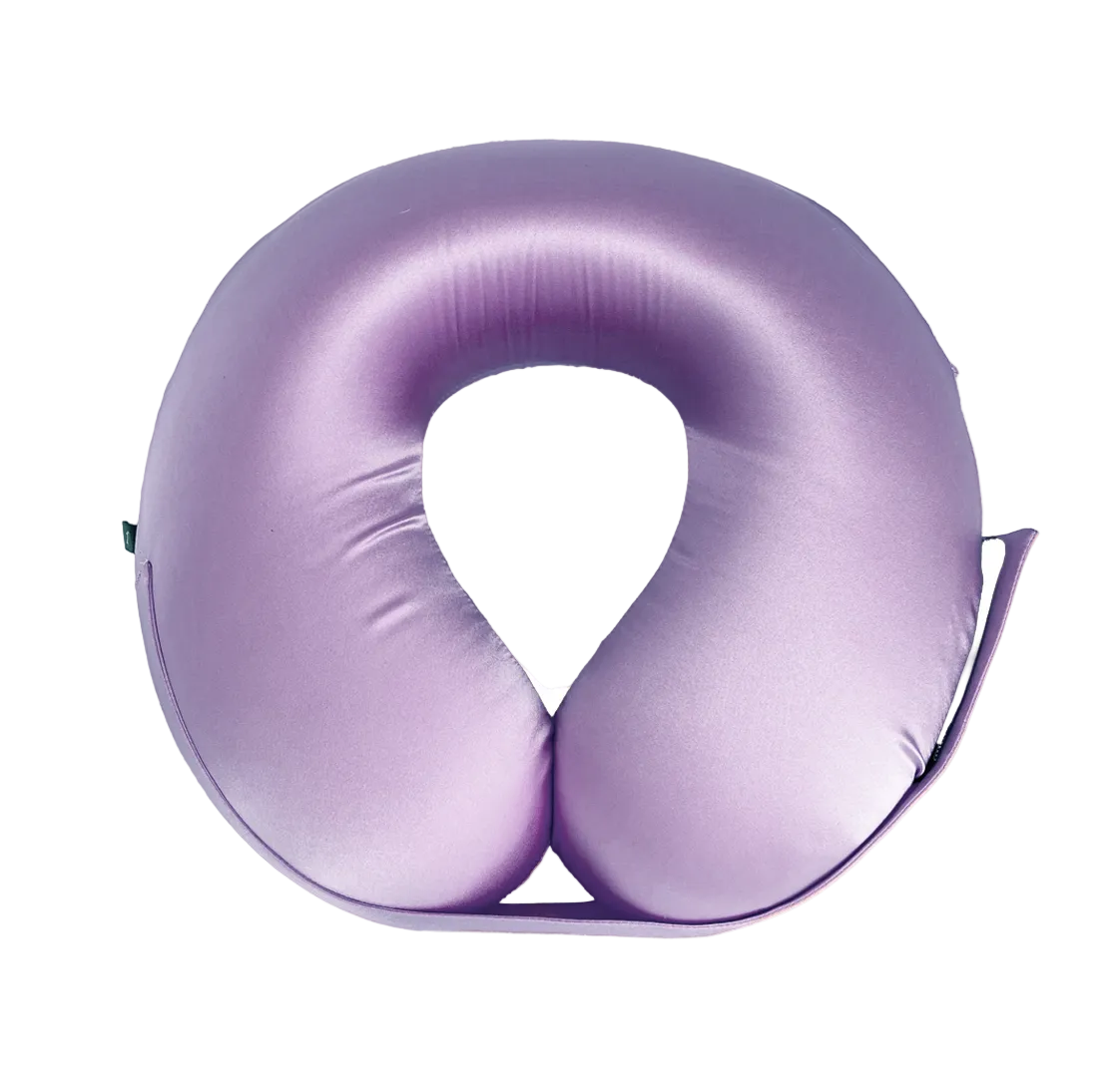 Lavender U-Shaped Memory Foam Travel Neck Pillow with Velcro strap on a white background