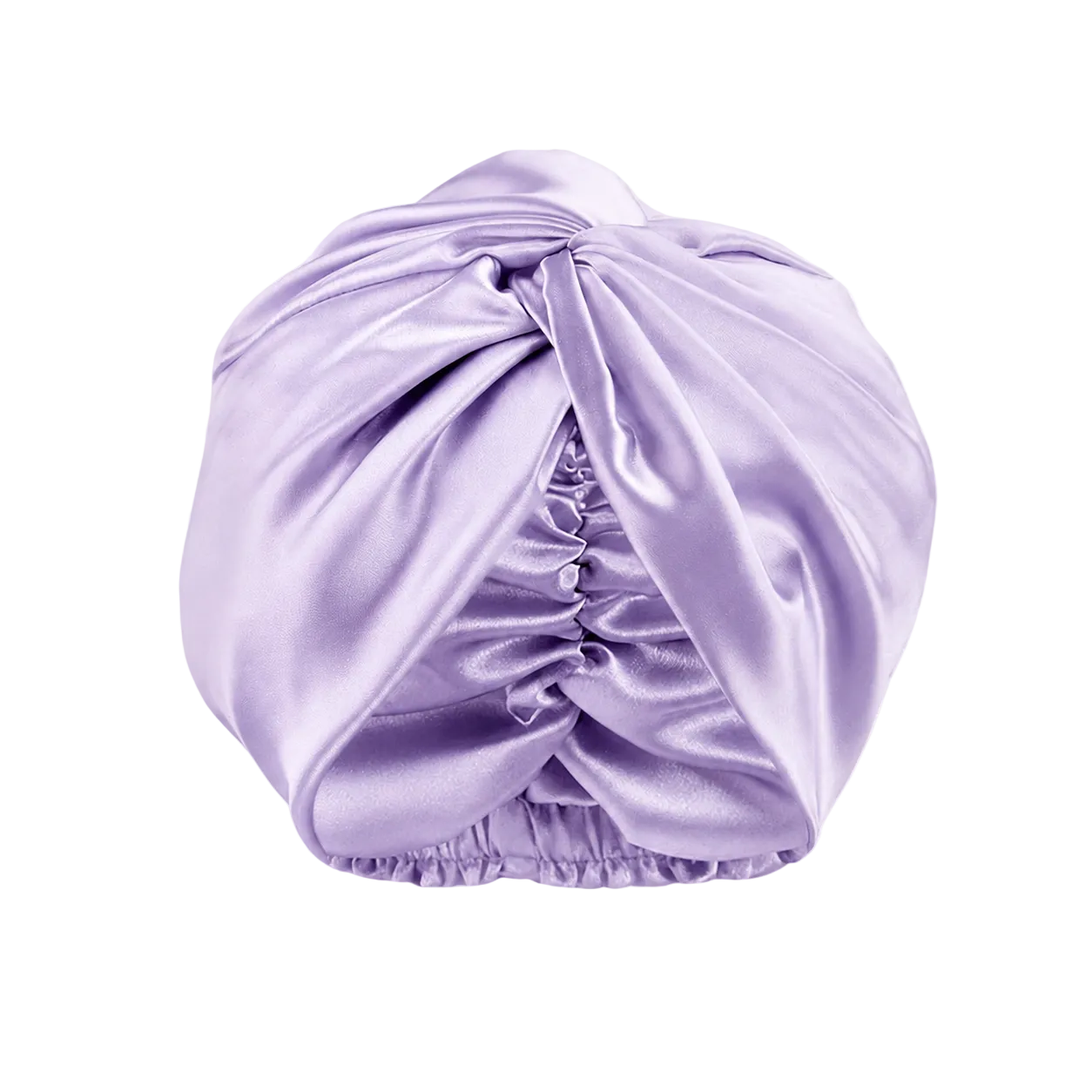 A lavender purple mulberry silk turban hat with a knotted top and gathered elastic bottom, shown on a transparent checkerboard background.