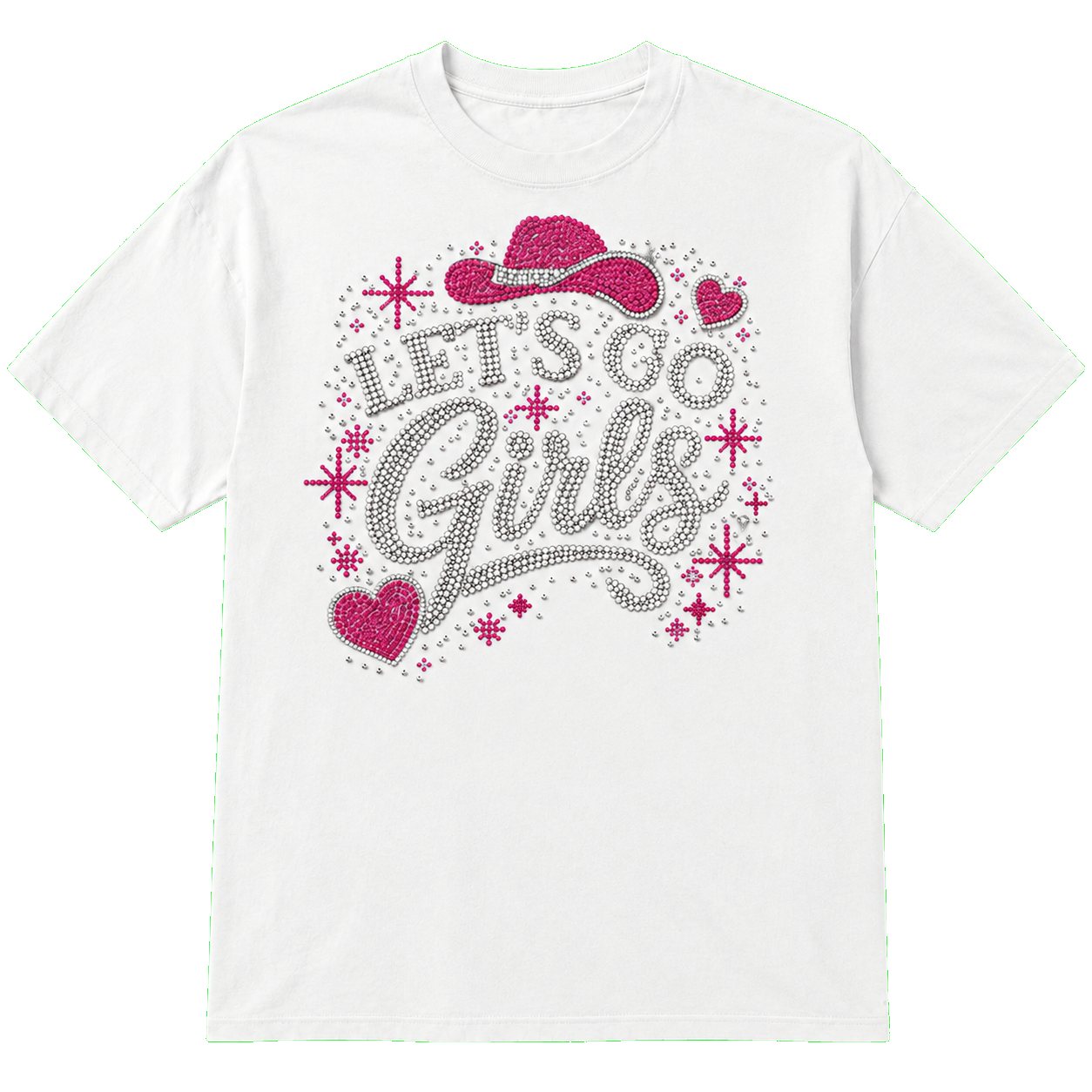 A white short-sleeve t-shirt with a rhinestone-style graphic on the front that reads 'LET'S GO Girls' in pink, silver, and white, featuring a cowboy hat, hearts, and stars, set against a solid bright green background.