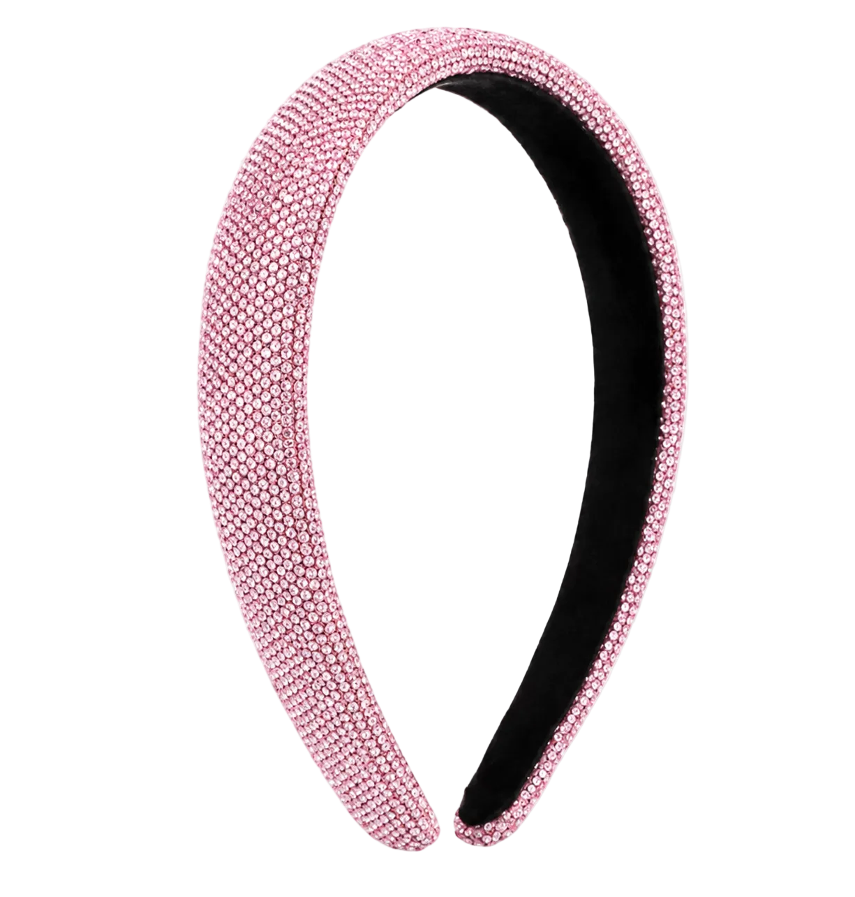 A wide, padded headband covered in pink rhinestones, showing a black inner lining, isolated on a white and gray checkered background.