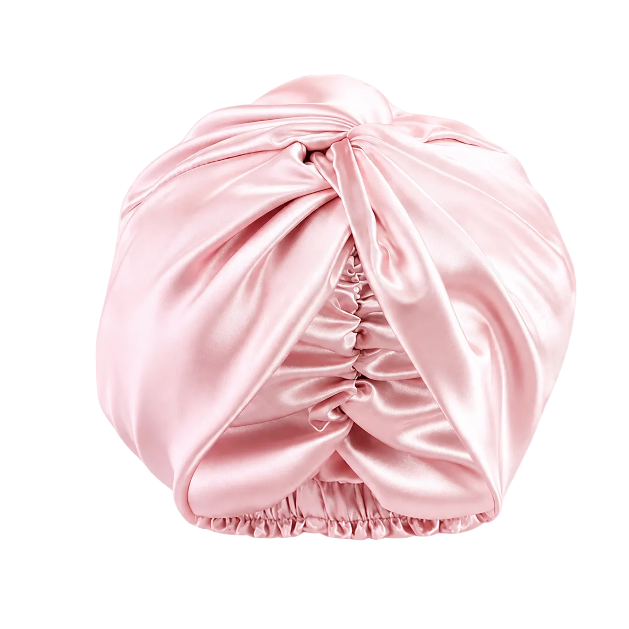 A light pink mulberry silk turban-style hair cap with gathered ruching and an elasticized ruffled bottom, shown on a transparent background.