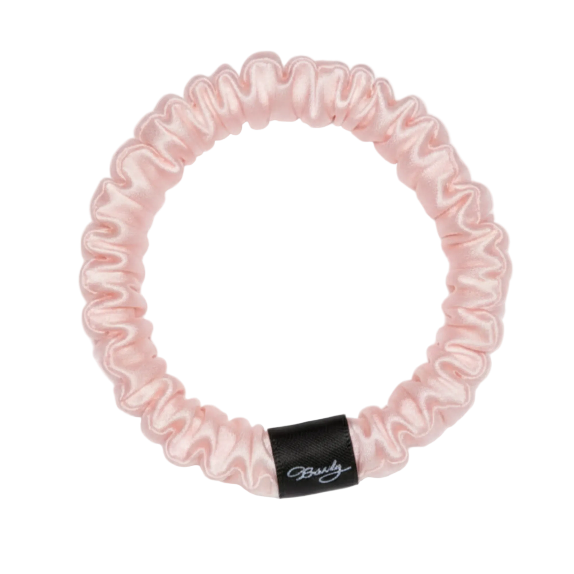 Light Pink skinny silk scrunchie with a black Brindy Label on a white background