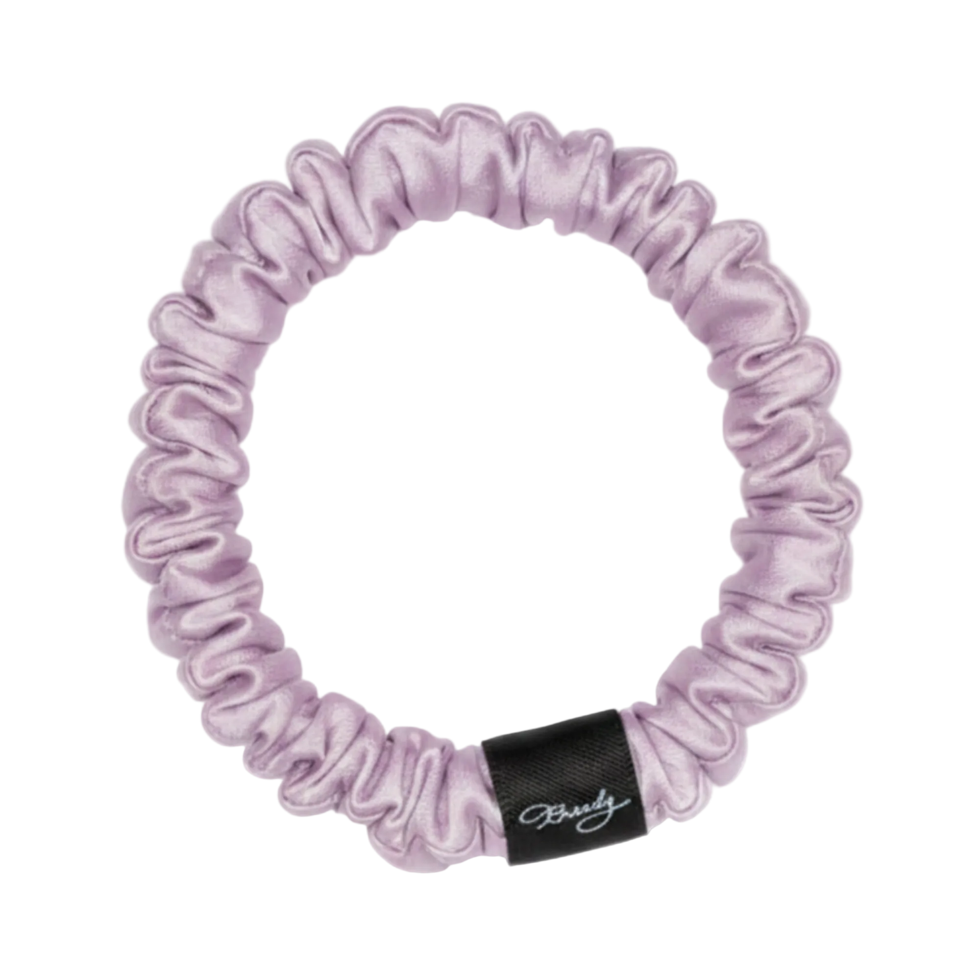 Lilac skinny silk scrunchie with a black Brindy Label on a white background