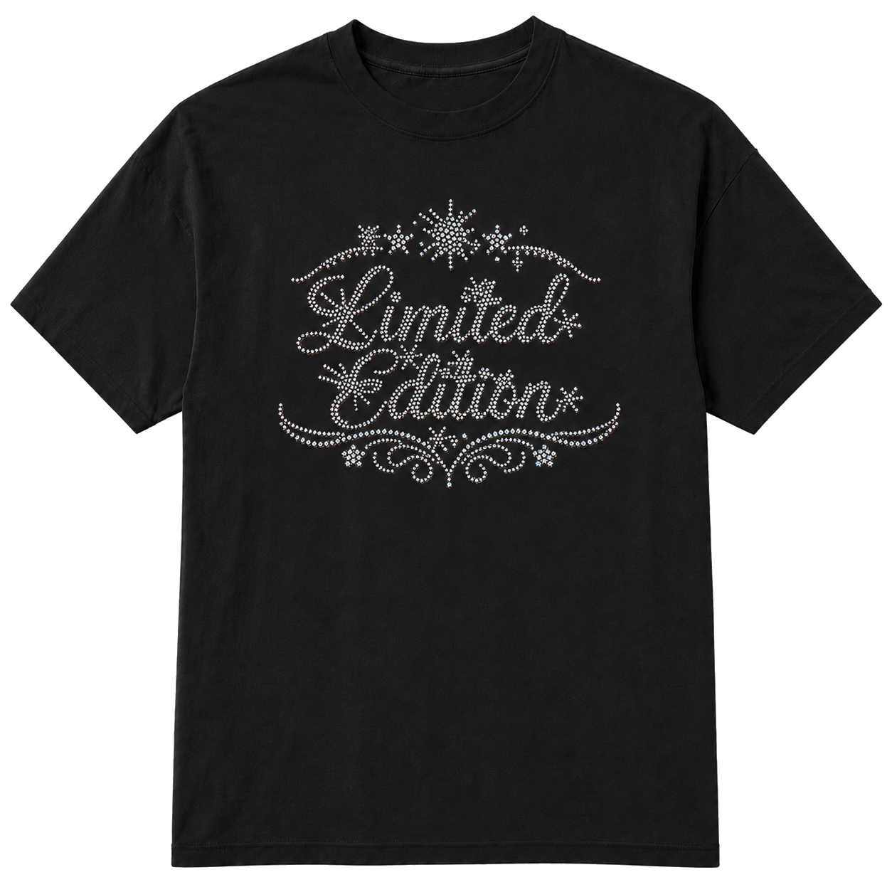 A black short-sleeve crewneck t-shirt with a silver rhinestone-style graphic on the chest that reads 'Limited Edition' with decorative flourishes and stars, shown on a transparent background.
